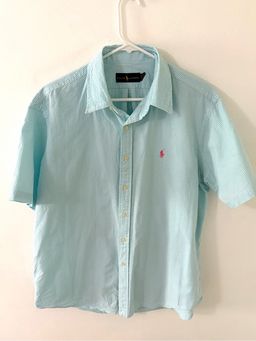 Polo by Ralph Lauren Light Blue Seersucker Short-Sleeve Shirt, Size: XL